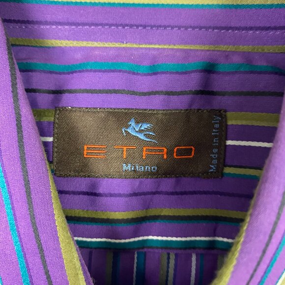 Etro Shirt Men's 40 Purple Green Gold Striped Button Down Up Cotton Milano NWOT - Picture 5 of 12